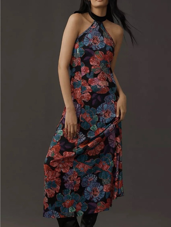 FARM Rio Dresses & Skirts - Farm Rio Halter Floral Midi Dress in Black with Red/Teal Blooms XL